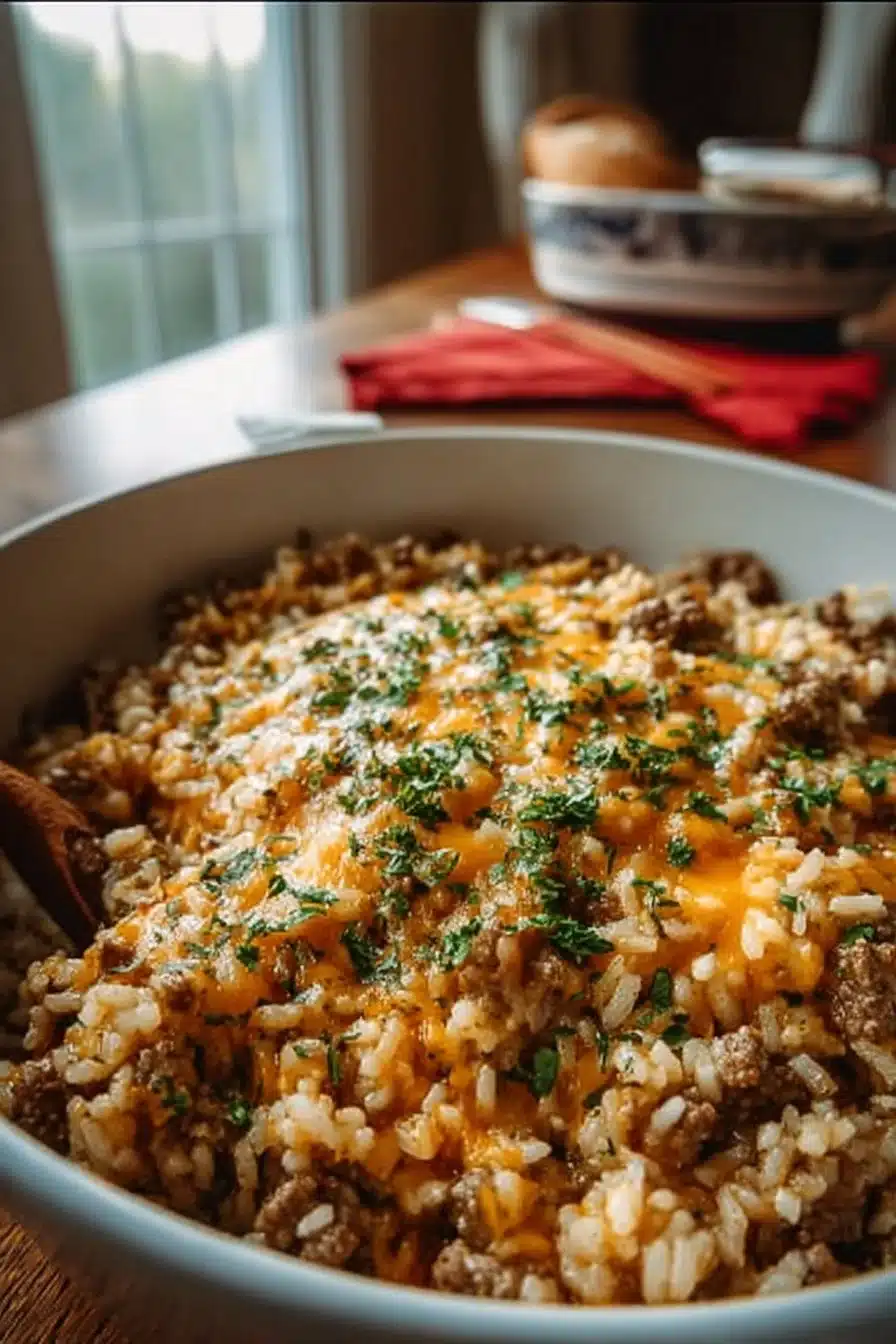 Cheesy ground beef and rice casserole topped with melted cheese and herbs