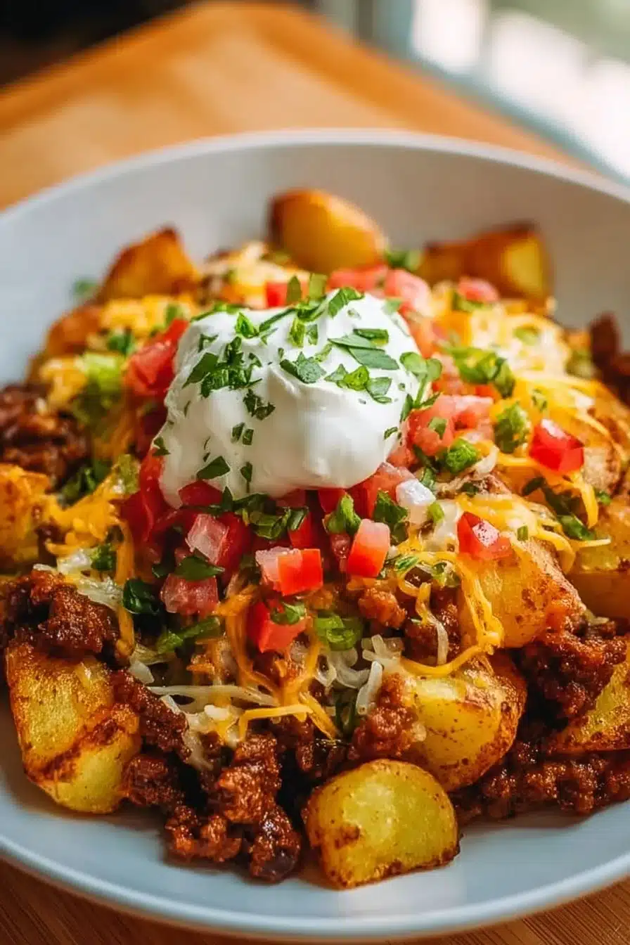 Cheesy Taco Potatoes topped with melted cheese and taco seasoning