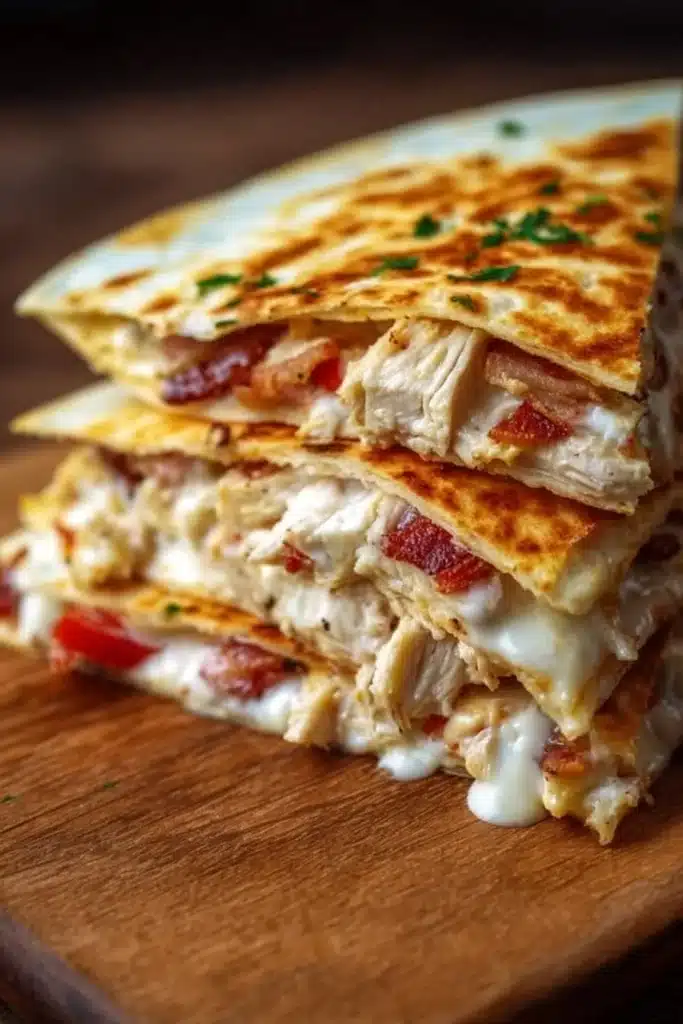 Delicious Chicken Bacon Ranch Quesadilla with melted cheese and crispy bacon