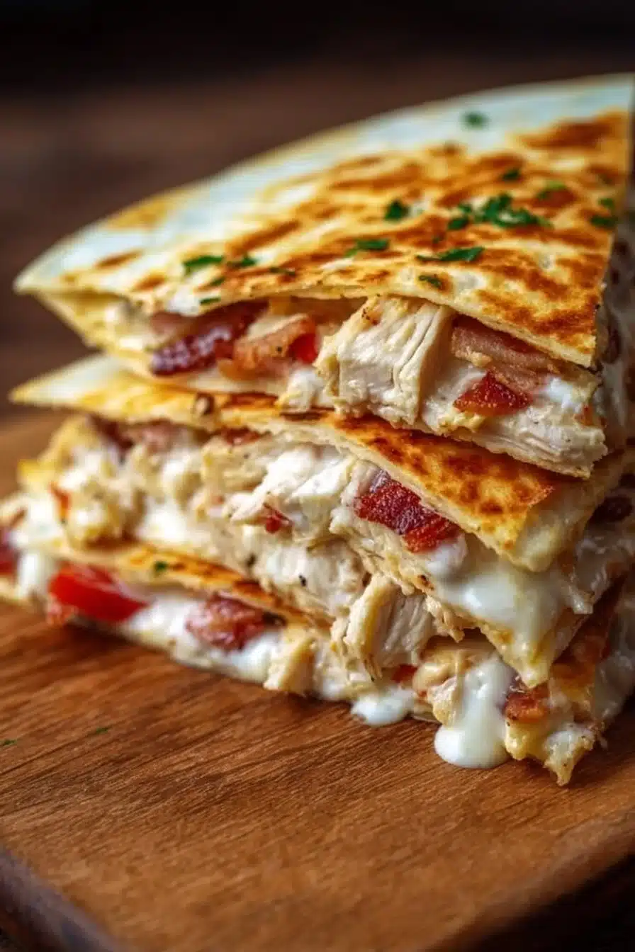 Delicious Chicken Bacon Ranch Quesadilla with melted cheese and crispy bacon
