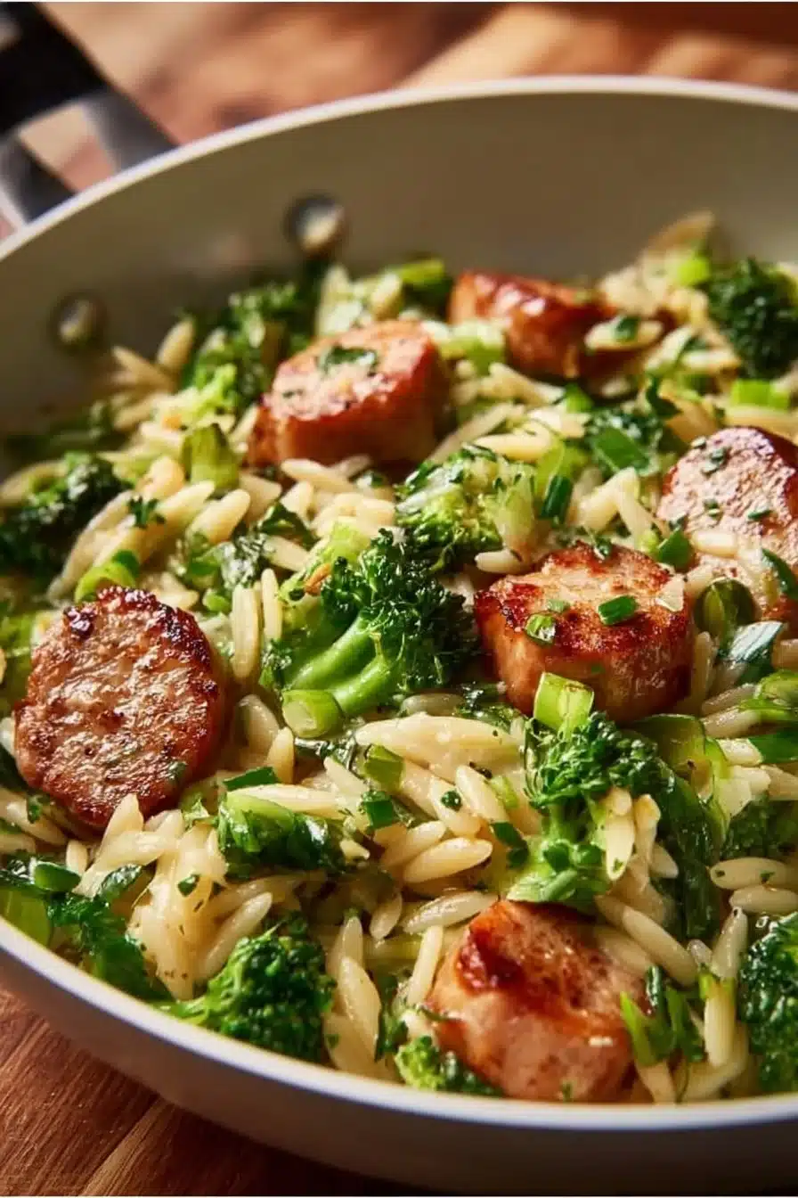 Delicious Chicken Sausage Broccoli Orzo dish served in a bowl.