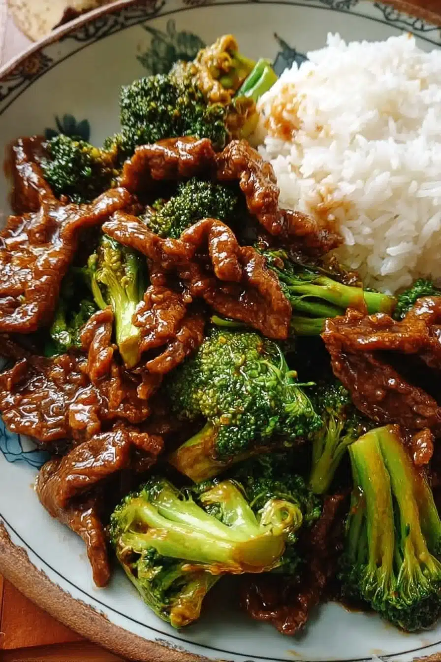 Chinese Beef & Broccoli dish with tender beef slices and broccoli florets