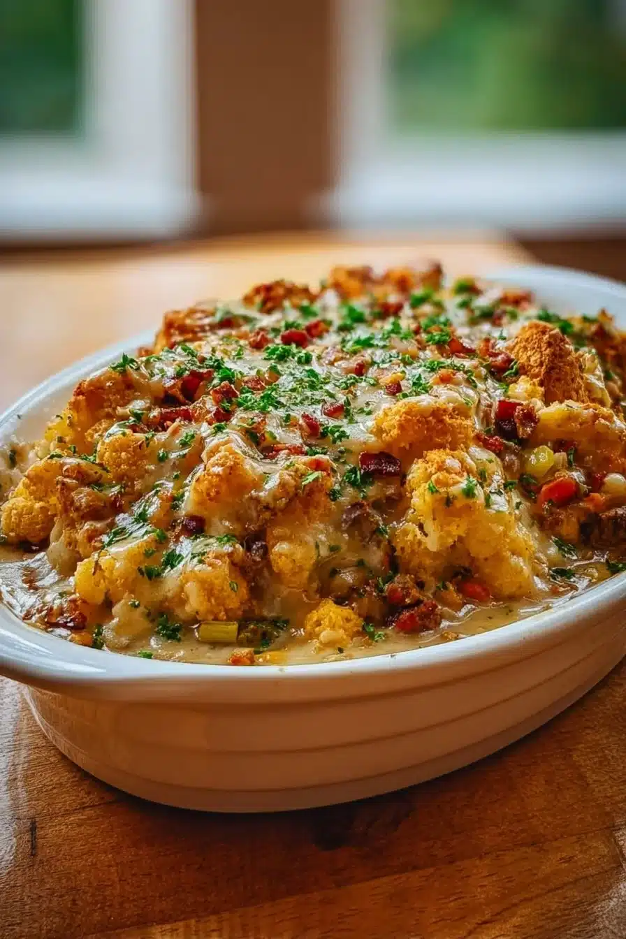 A bowl of comforting cowboy casserole filled with meat, beans, and cheese