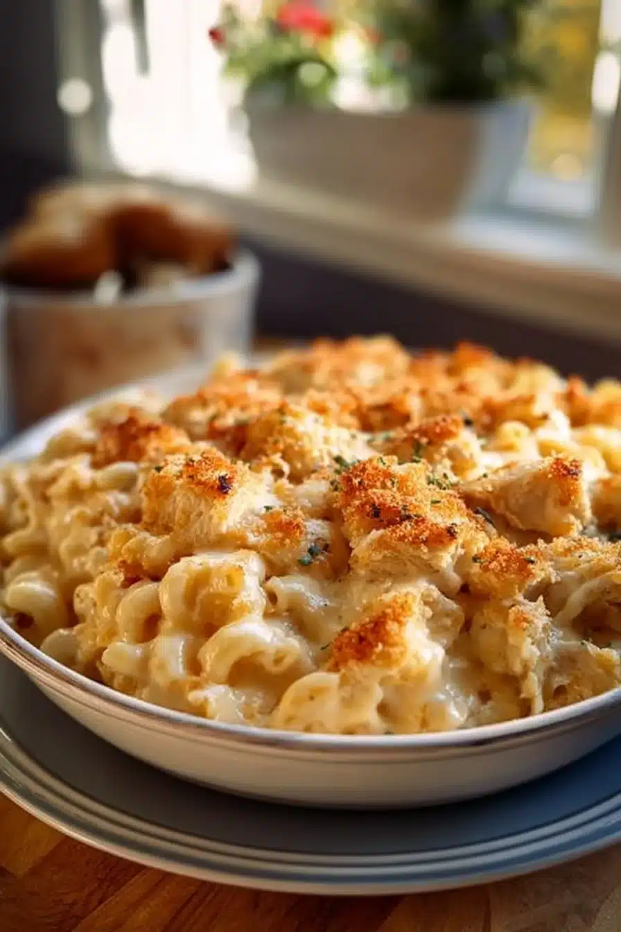 Creamy chicken mac and cheese with chicken pieces and melted cheese