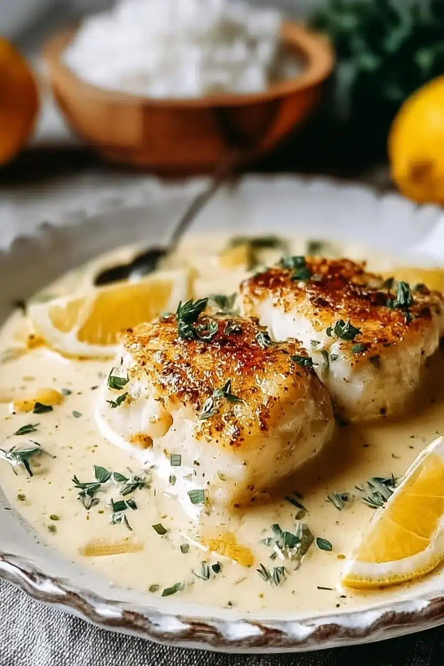 Creamy coconut lemon cod dish garnished with herbs on a plate