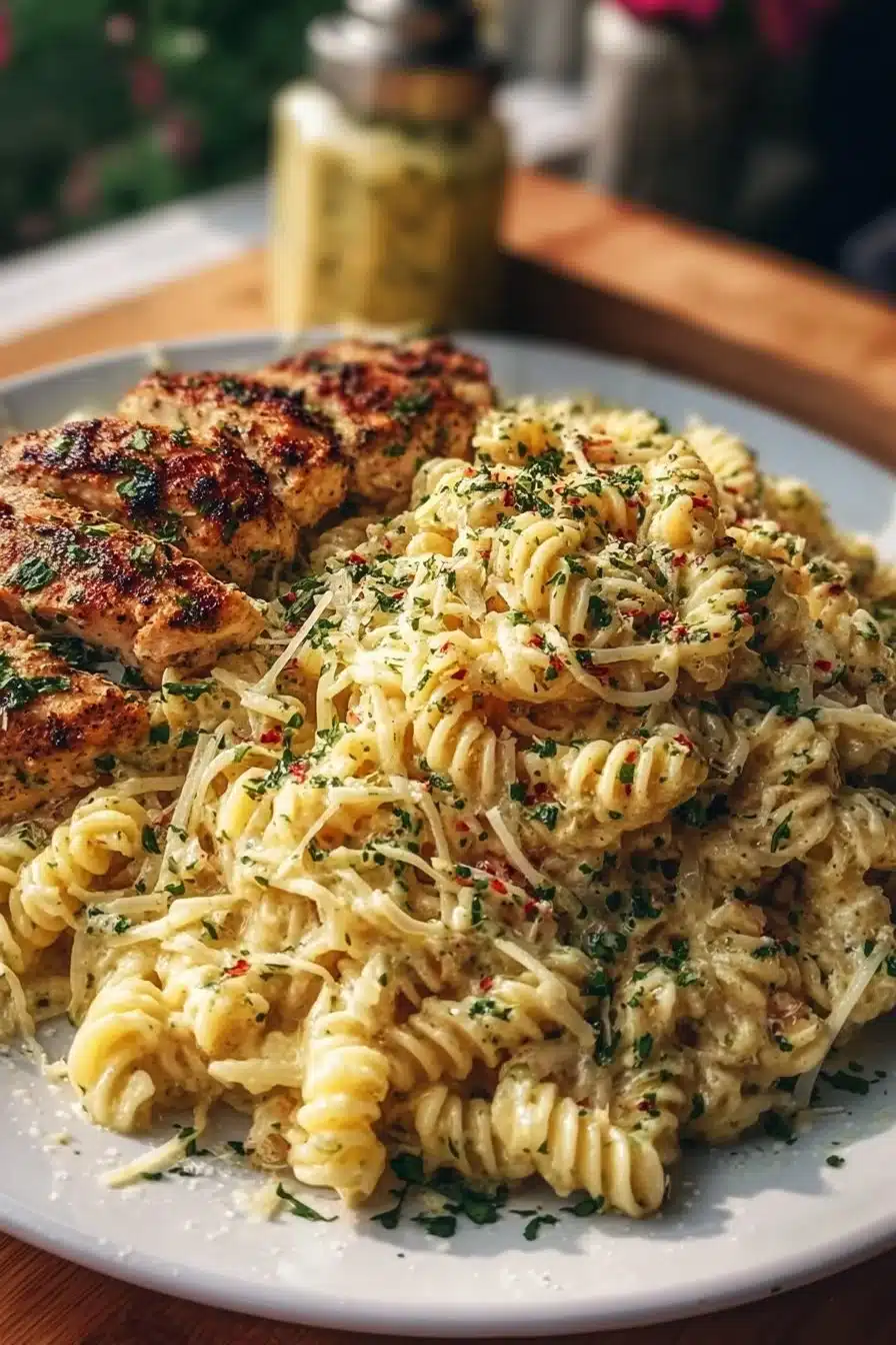 Creamy Garlic Parmesan Chicken Pasta served in a bowl
