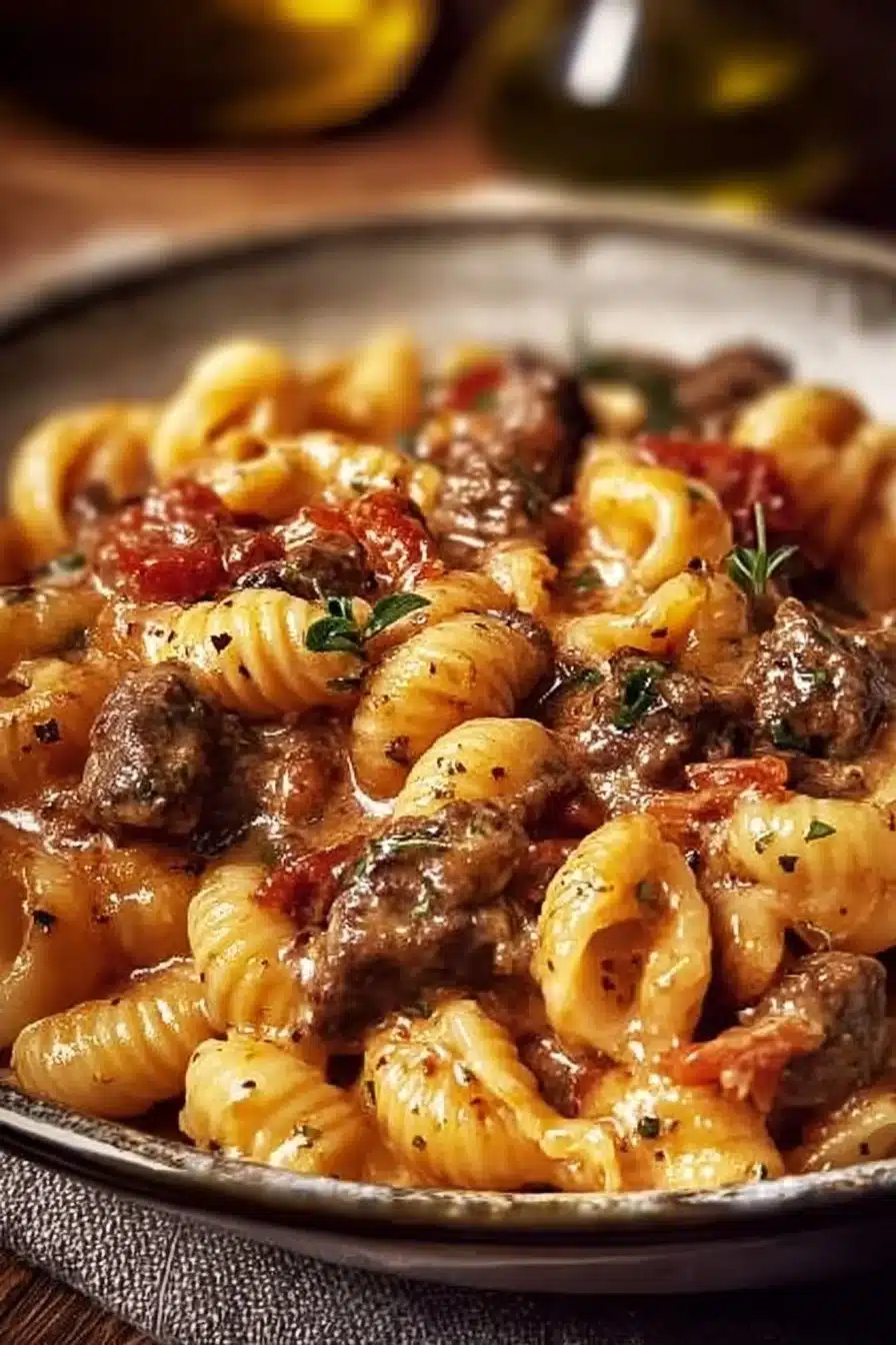 Creamy paprika steak pasta served in a bowl with fresh herbs garnish.
