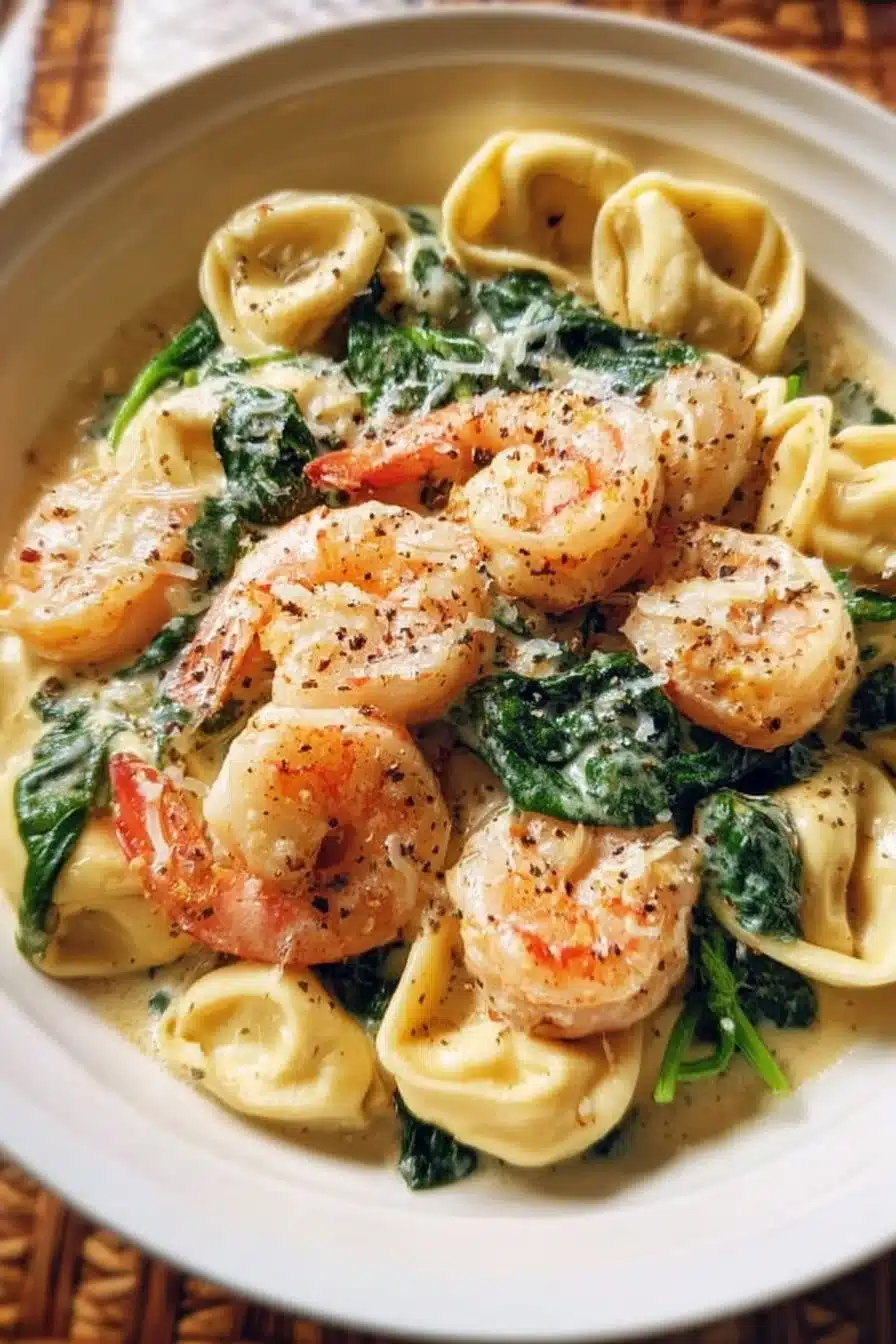 Creamy shrimp spinach tortellini dish with fresh ingredients and sauce