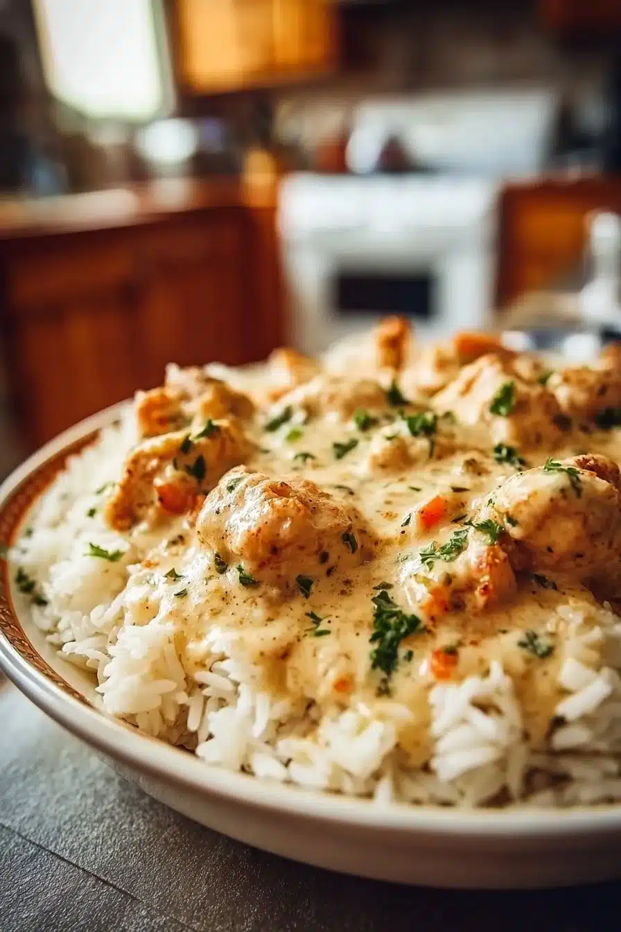 Creamy smothered chicken served over rice in a delicious sauce