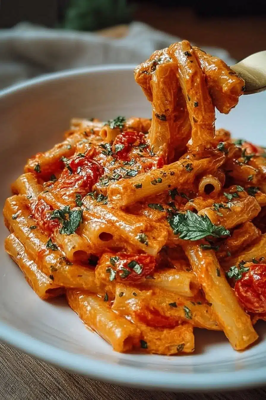 Creamy tomato garlic pasta garnished with fresh herbs