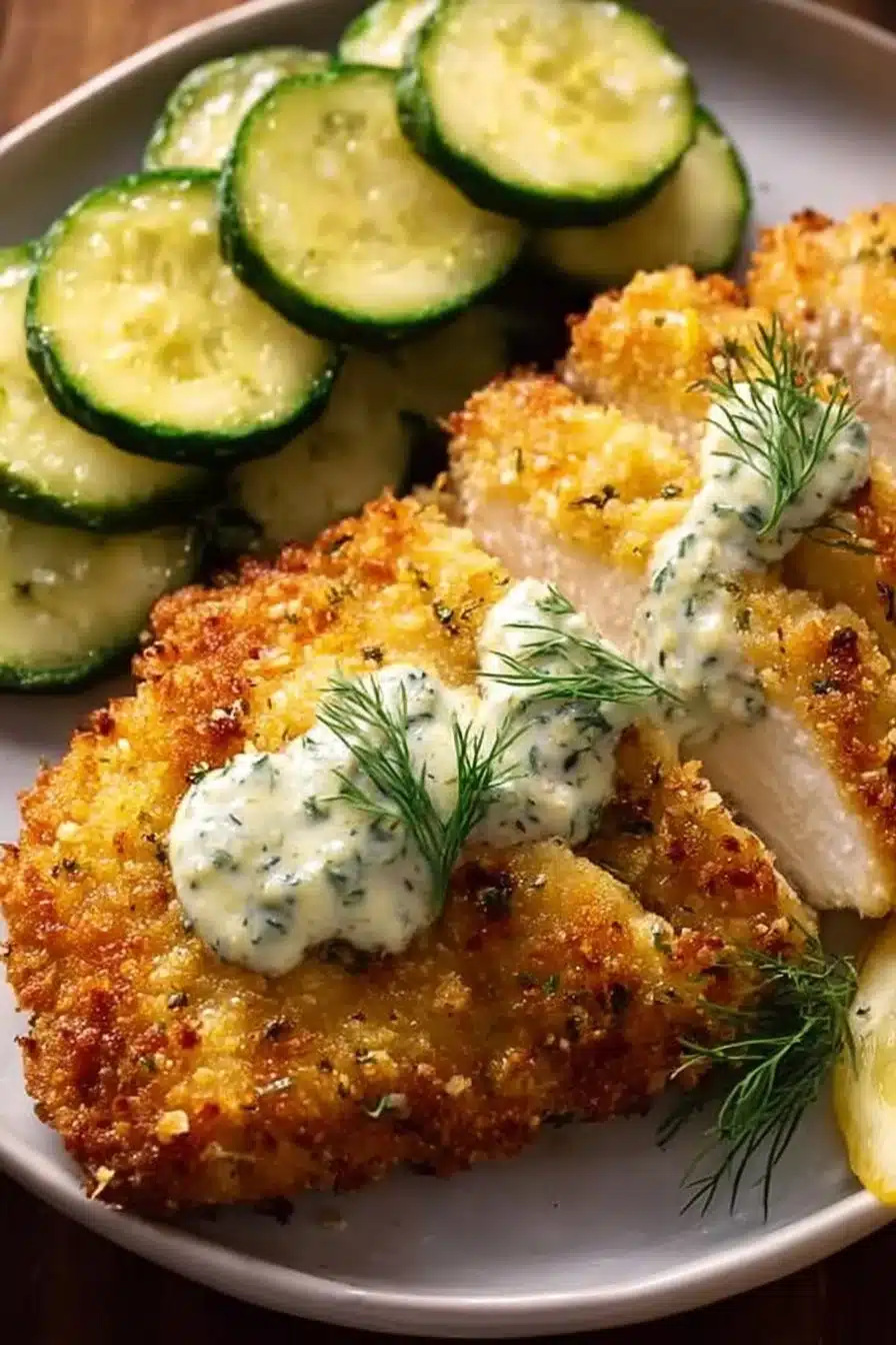 Delicious crispy dill pickle parmesan chicken served on a plate