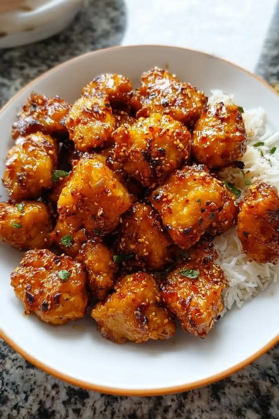Crispy honey garlic chicken bites served on a platter with dipping sauce