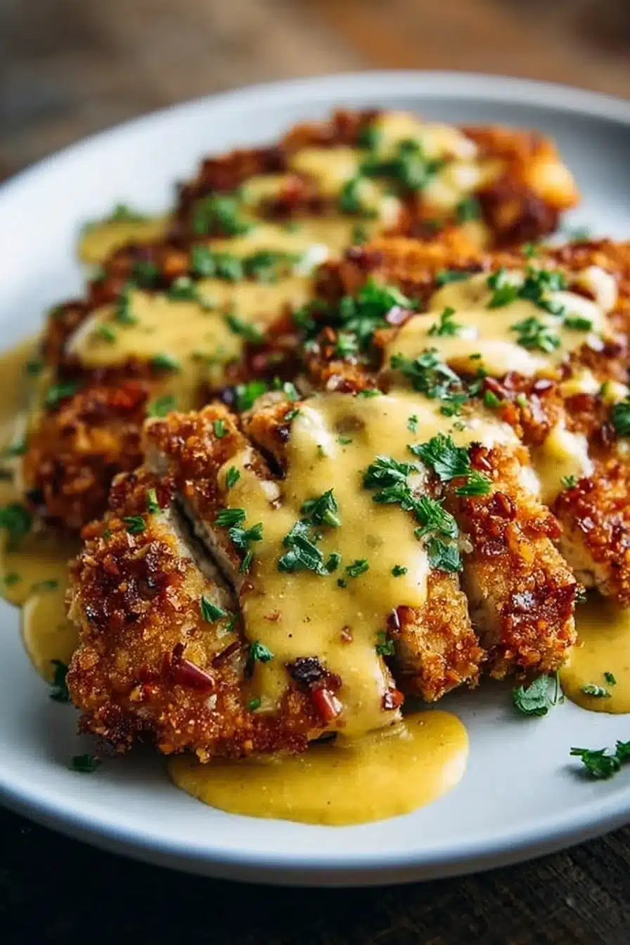 Crispy pretzel crusted chicken with cheddar mustard sauce on a plate.