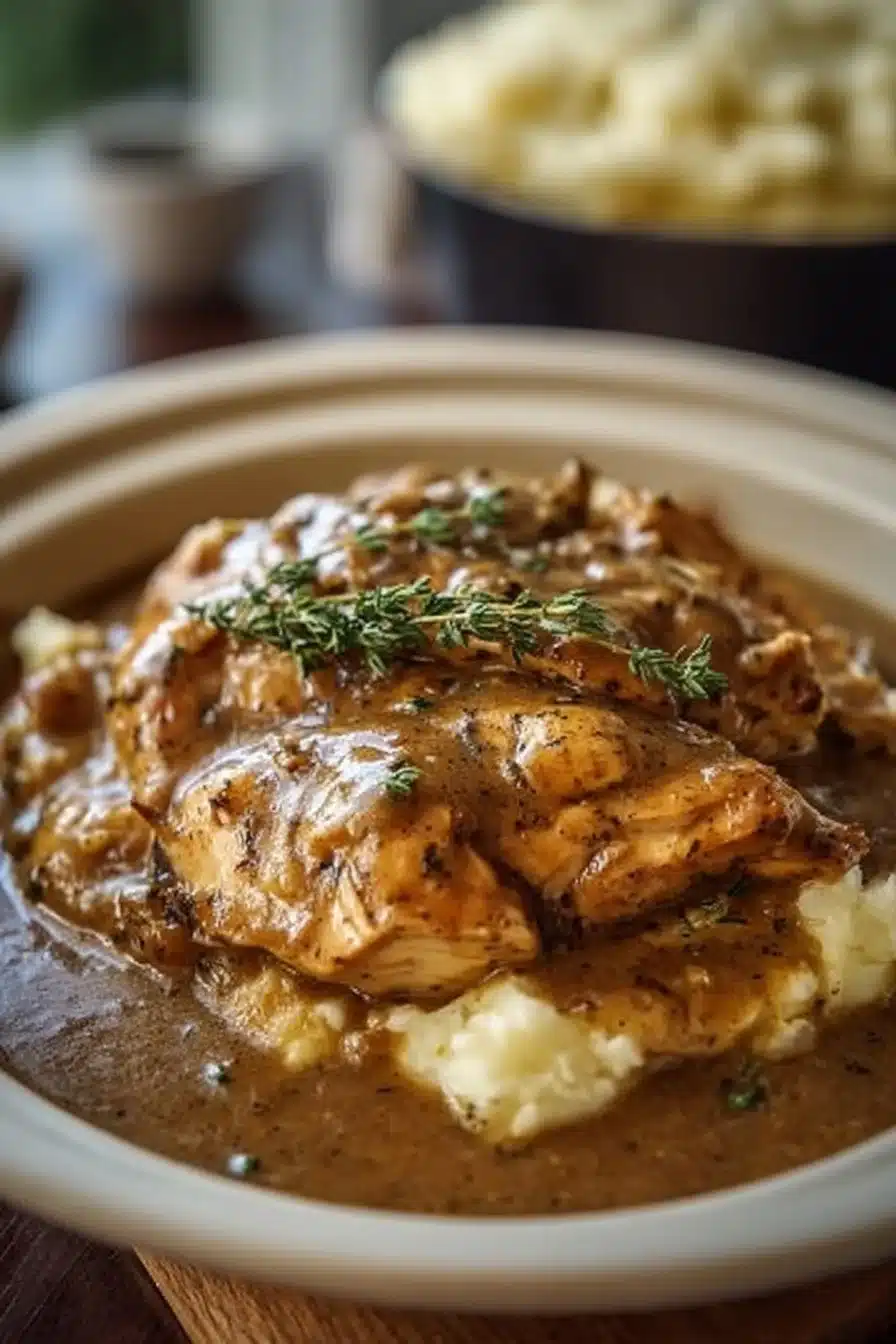 Crockpot Chicken & Gravy dish served with mashed potatoes