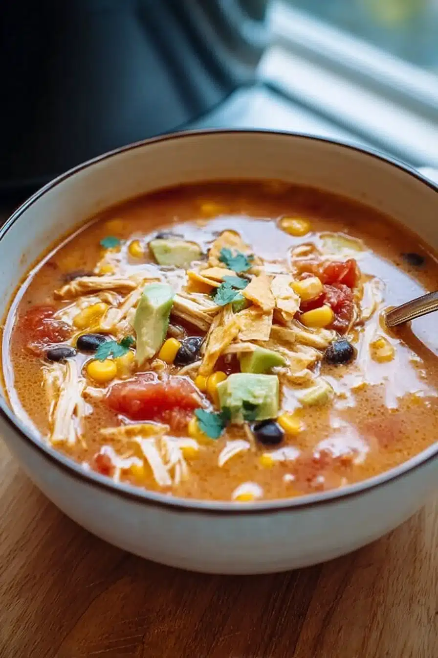 Bowl of Crockpot Chicken Tortilla Soup garnished with tortilla strips and cilantro