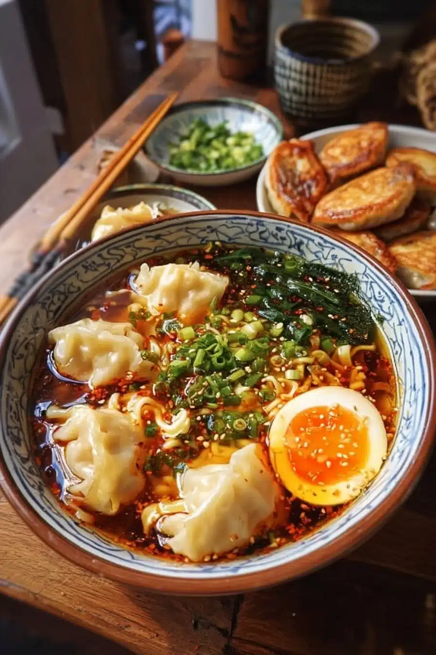 Delicious bowl of dumpling ramen topped with fresh ingredients and rich broth.