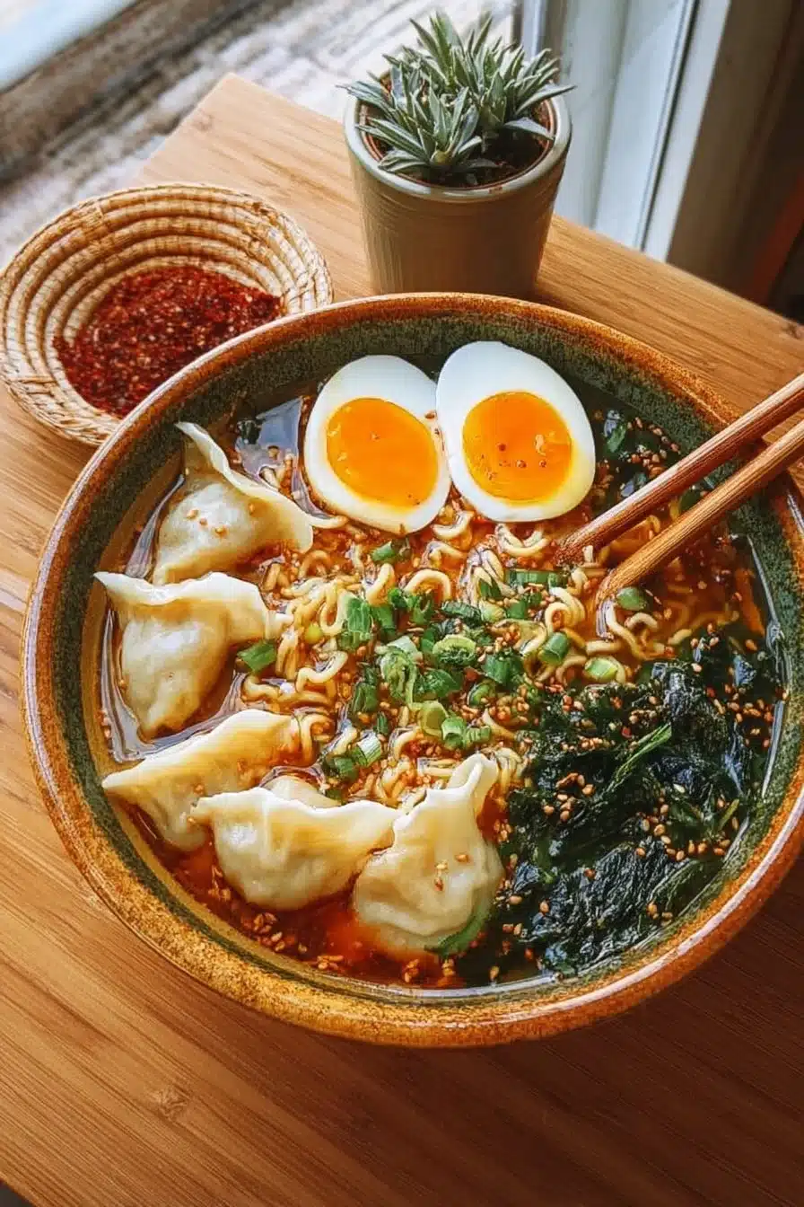 A delicious bowl of Dumpling Ramen featuring dumplings and traditional broth