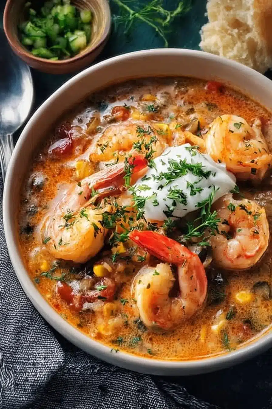 Bowl of creamy seafood chili with shrimp and spices