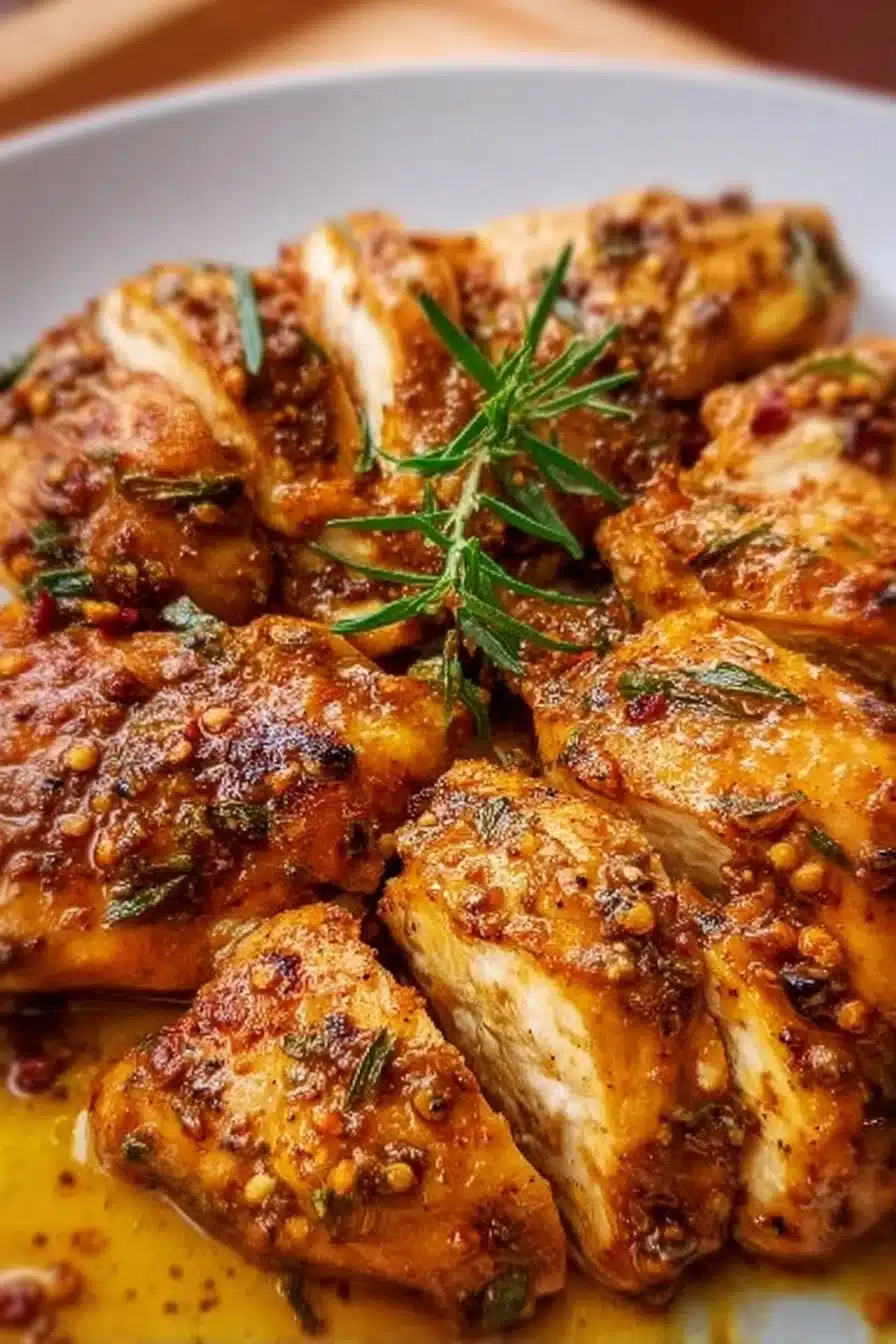 Juicy Garlic Butter Chicken garnished with herbs, served on a white plate