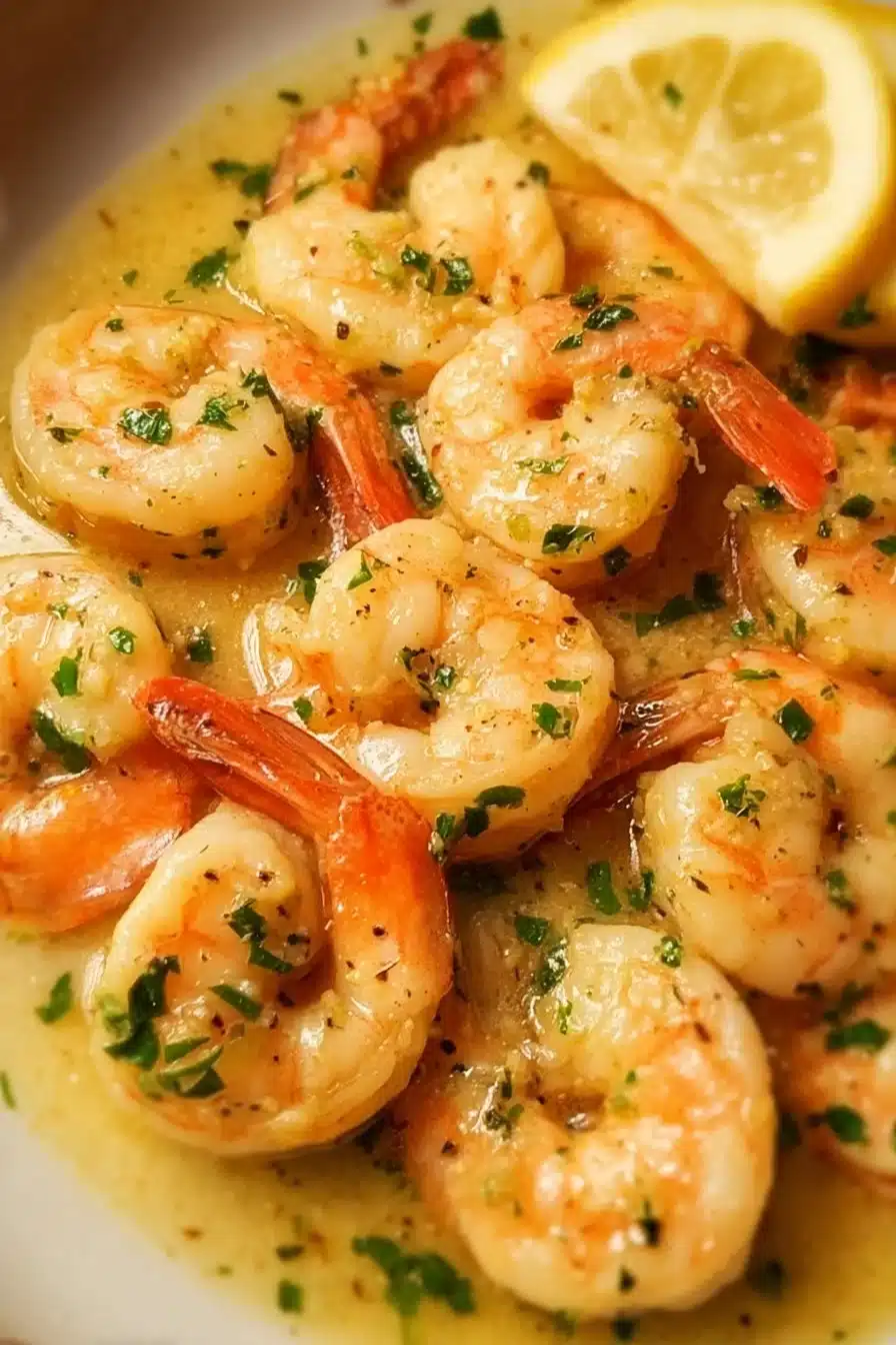 Delicious garlic butter shrimp served on a plate with herbs and lemon