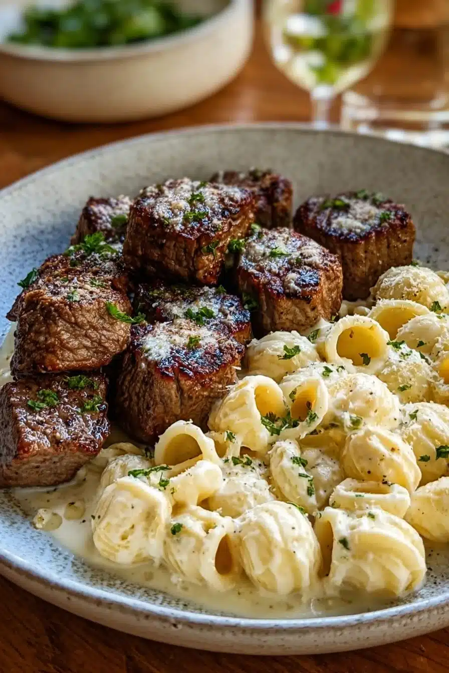 Creamy Garlic Butter Steak Bites Alfredo served in a bowl