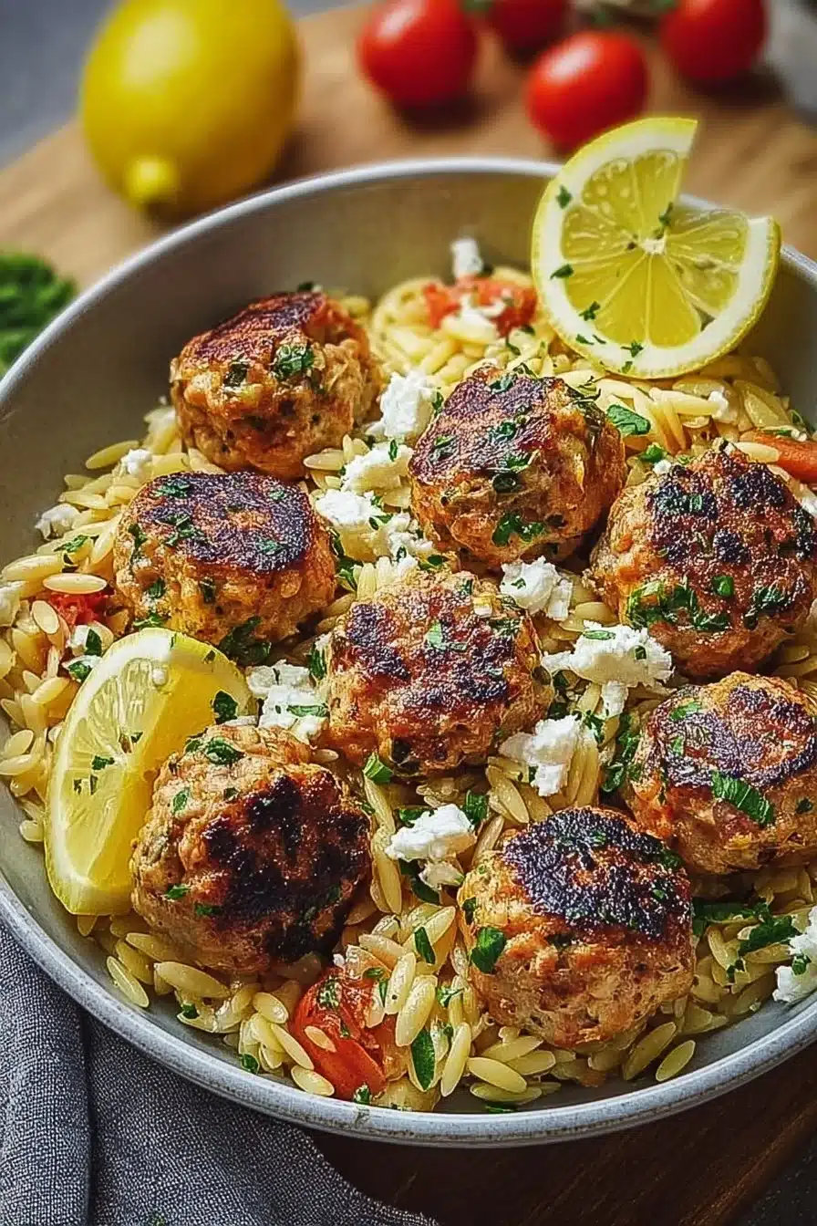 Greek Chicken Meatballs served with lemon orzo for a tasty meal.