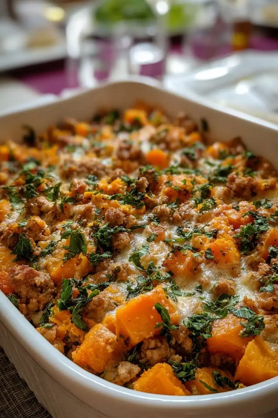 Delicious Ground Turkey Sweet Potato Bake dish served on a plate with herbs