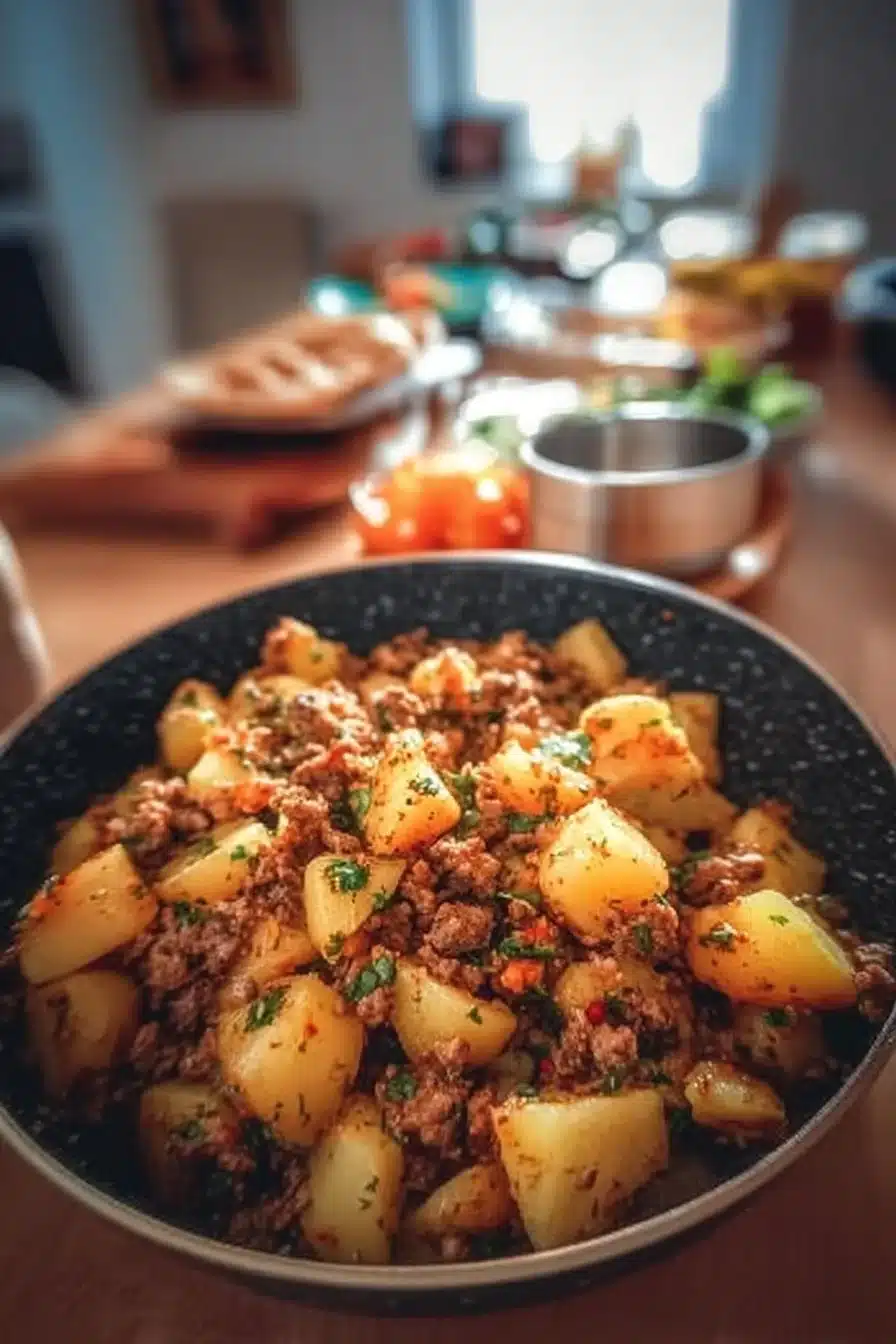 Ground turkey with seasoned potatoes served on a plate