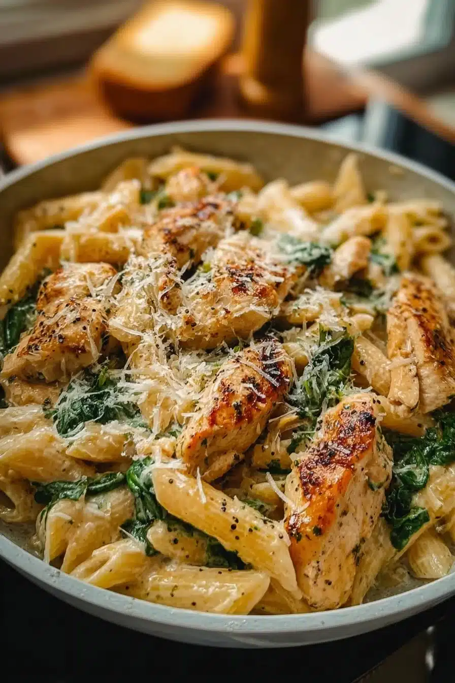 Healthy Garlic Parmesan Chicken Pasta dish with chicken, pasta, and garlic sauce