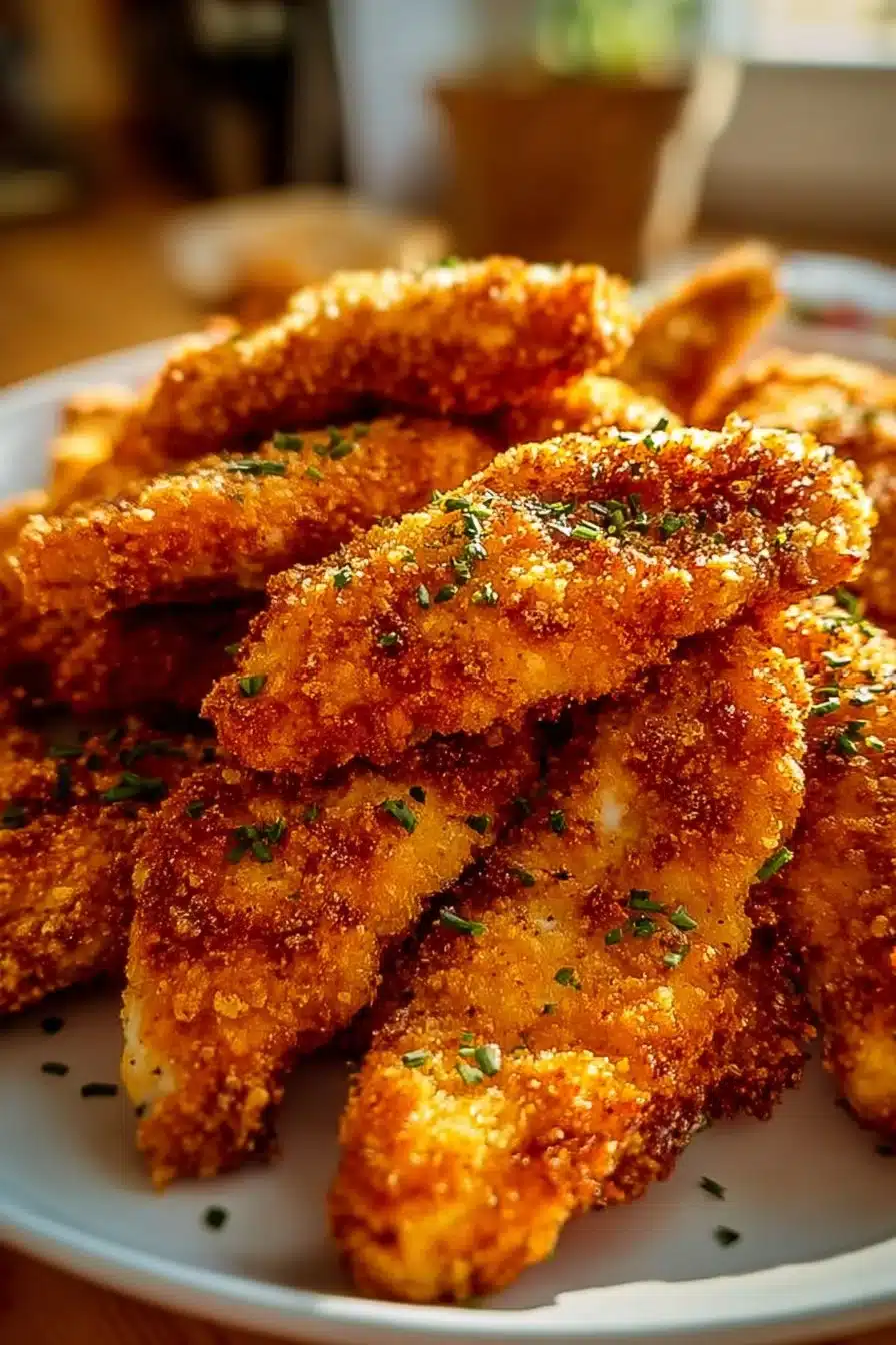 Plate of crispy homemade baked chicken tenders served with dipping sauce