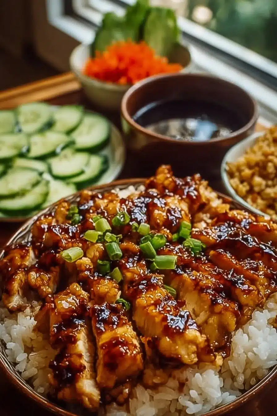Honey BBQ Chicken served over a bed of rice with fresh herbs