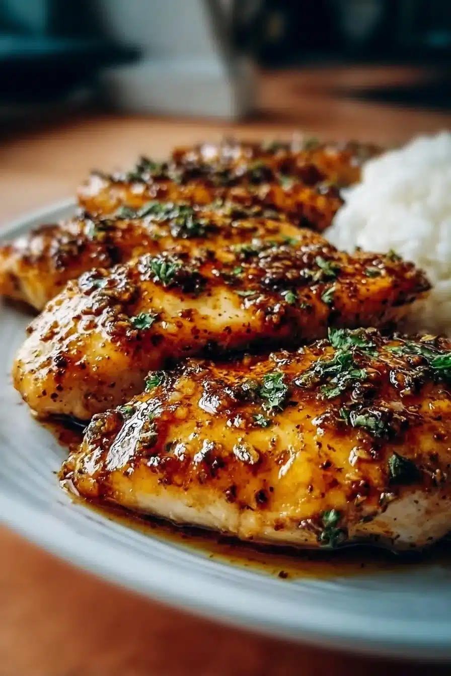 Honey Garlic Chicken Breasts served with vegetables on a plate