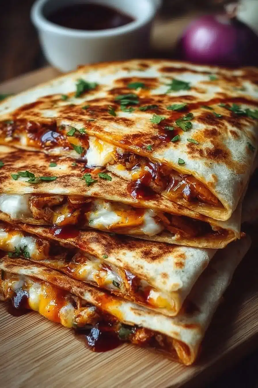 Hot Honey BBQ Chicken Quesadillas served with dipping sauce