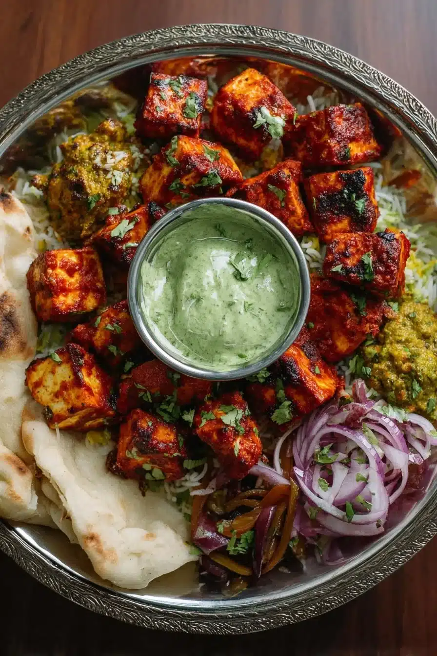 Plate of juicy vegan tandoori tofu garnished with herbs and spices