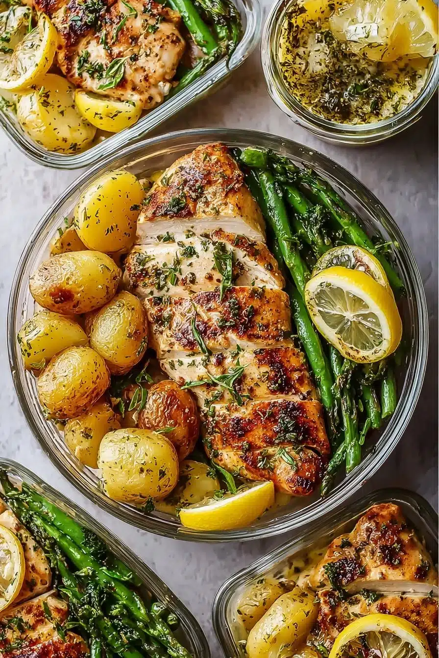 Lemon garlic chicken meal prep bowl with vegetables and grains