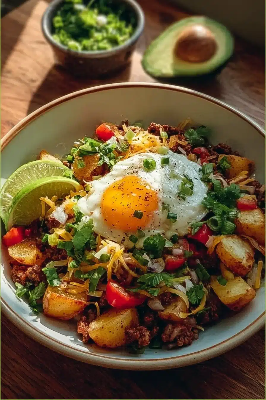 Delicious Loaded Potato Taco Bowl with crispy potatoes and colorful toppings