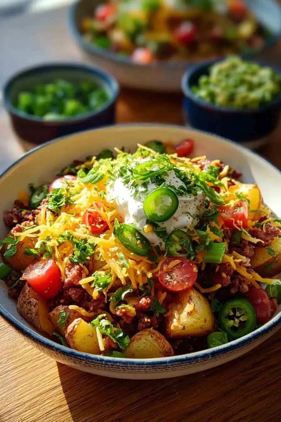 Delicious loaded potato taco bowl topped with cheese, bacon, and sour cream.
