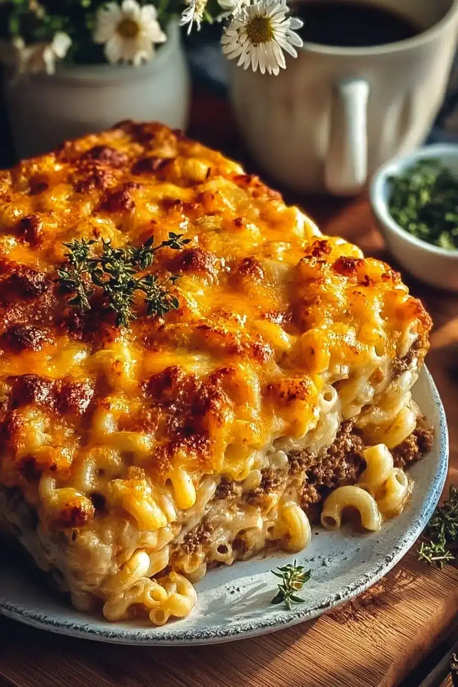 Delicious Mac and Cheese Meatloaf Casserole served in a baking dish