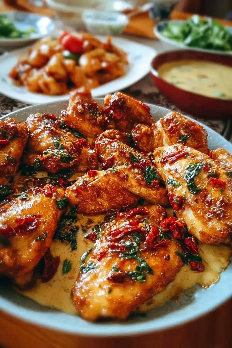 Delicious plate of Marry Me Chicken garnished with herbs and served in a rustic dish.