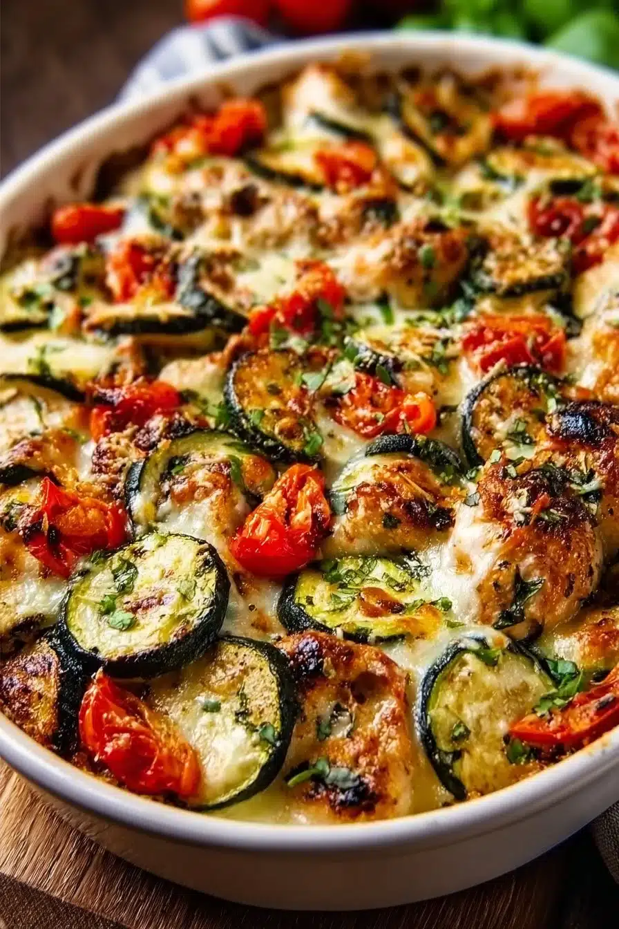 Mediterranean Chicken Zucchini Bake with fresh vegetables and herbs