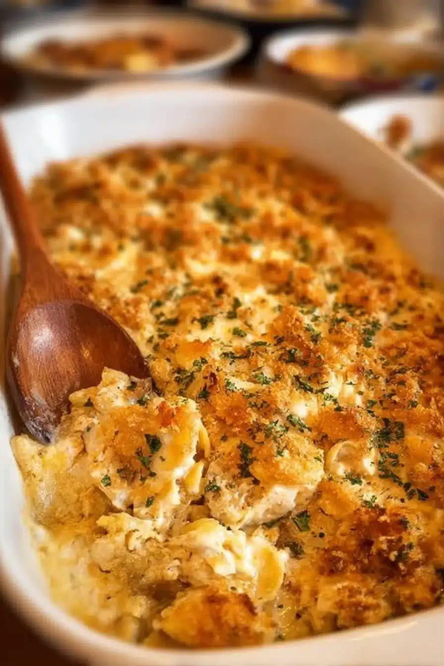 Delicious Million Dollar Chicken Casserole topped with cheese and herbs
