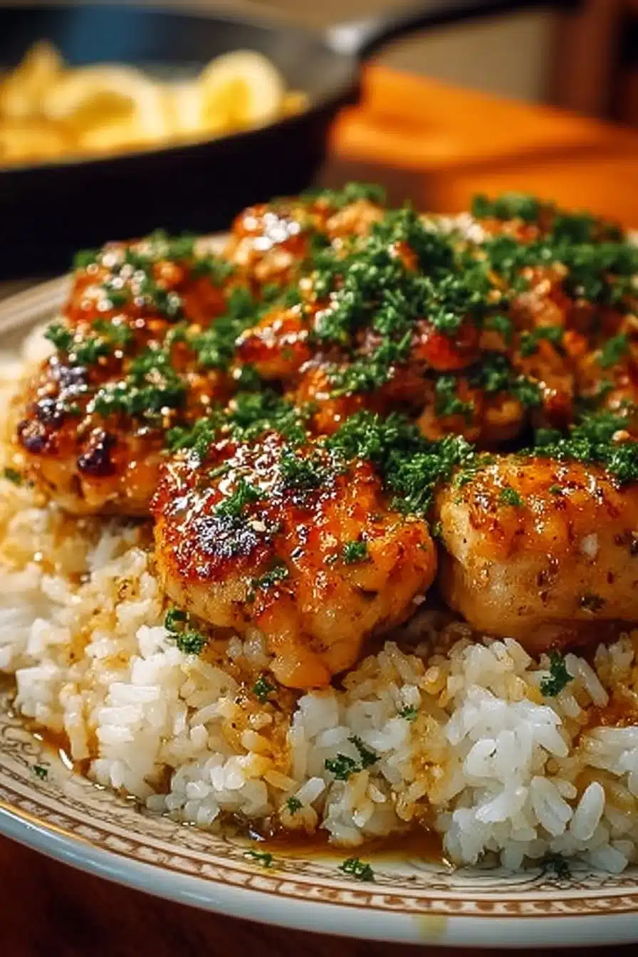 One-Pan Honey Butter Chicken served with rice, garnished and ready to eat