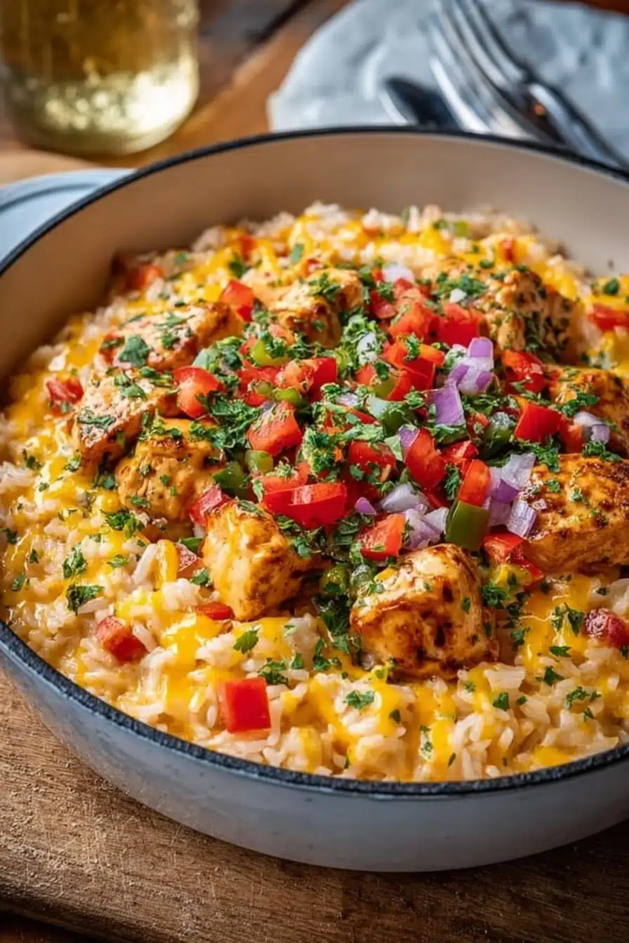 One-Pot Cheesy Southwest Chicken and Rice dish garnished with herbs