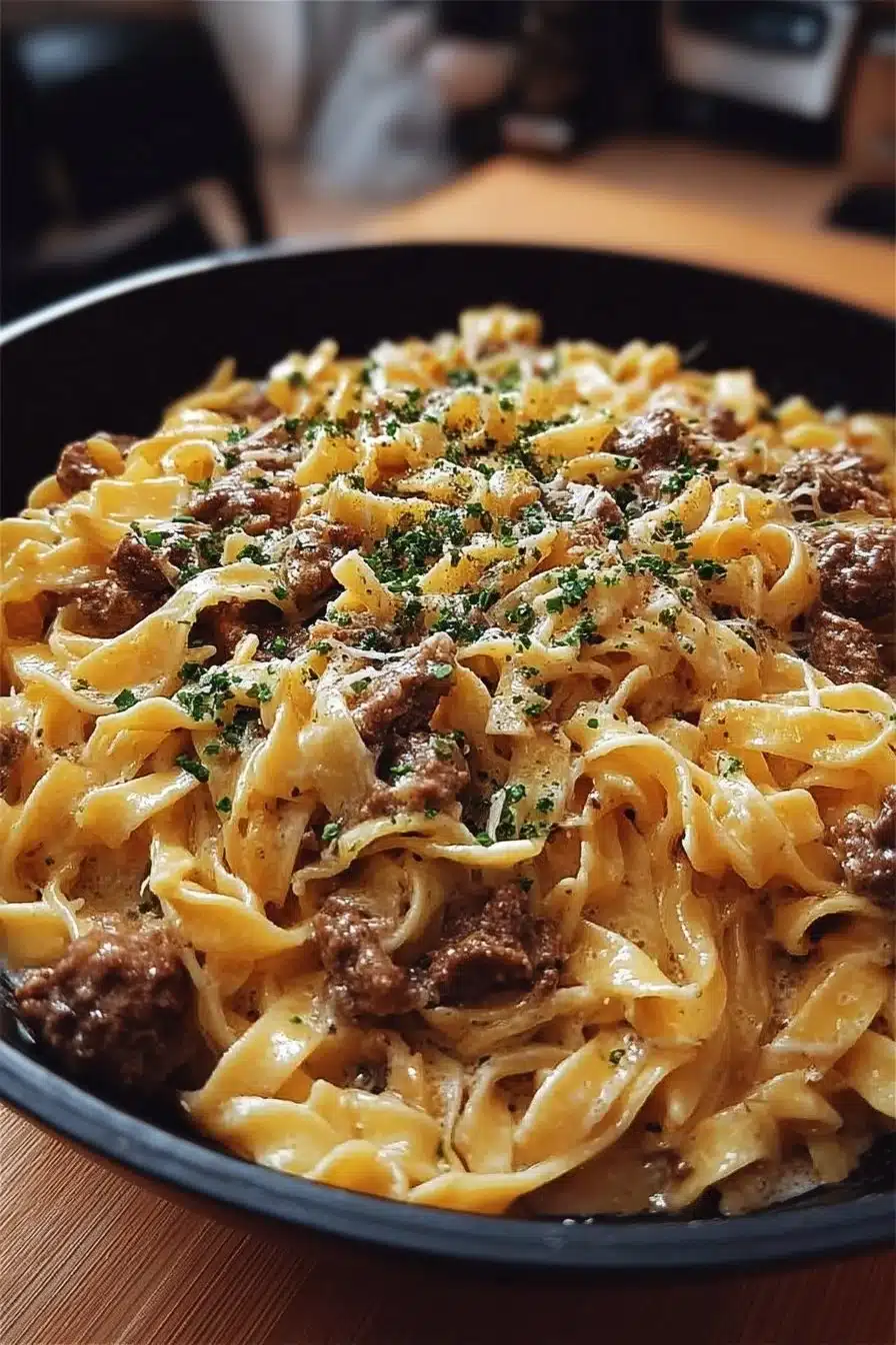 One-Pot Creamy Beef and Garlic Butter Pasta served in a bowl