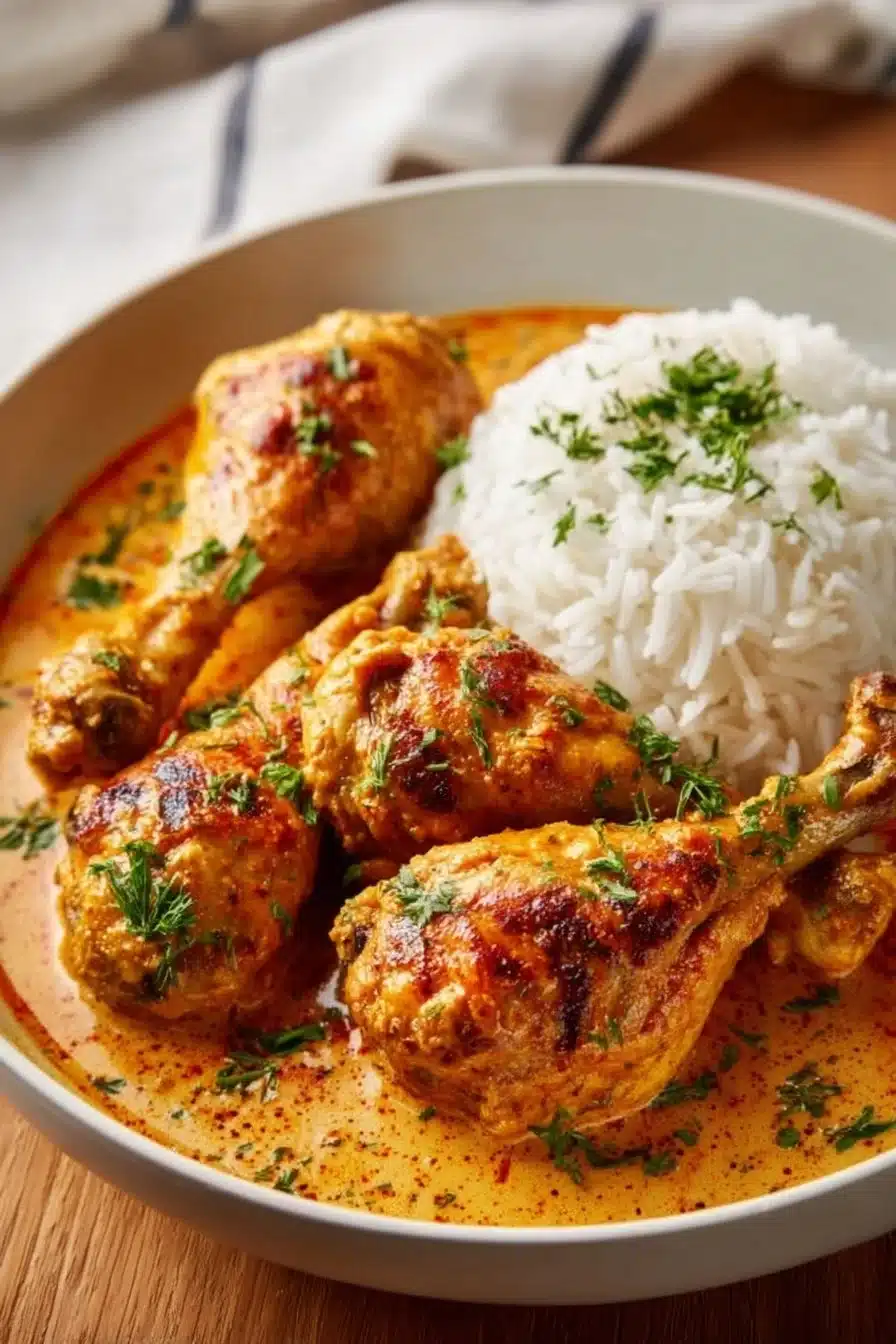 Paprika chicken drumsticks served on a plate with steamed rice and garnishes.