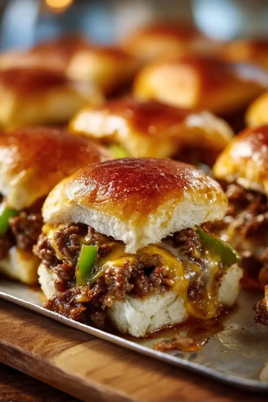 Philly cheesesteak sliders served on a platter with toppings and sauces