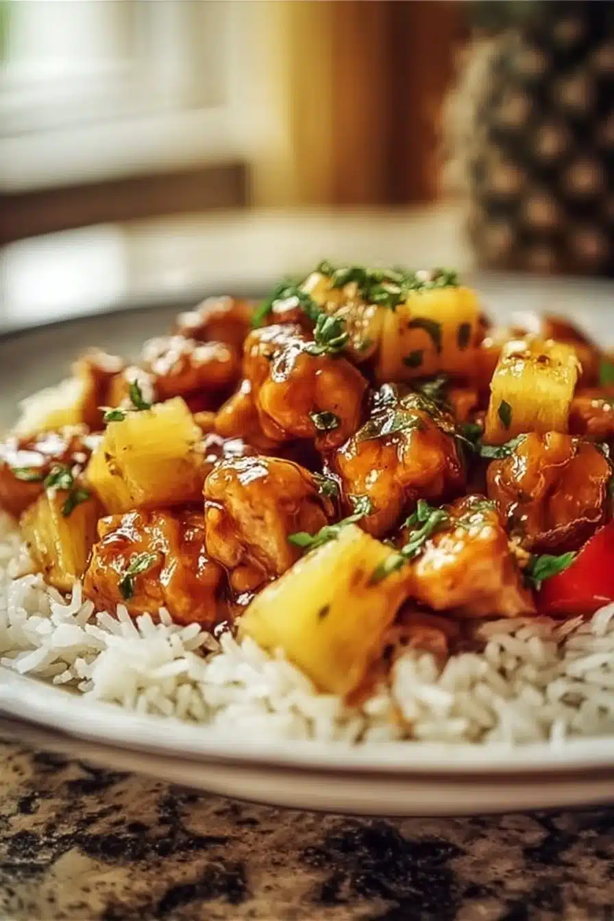 Delicious Pineapple Chicken served with fluffy rice on a plate