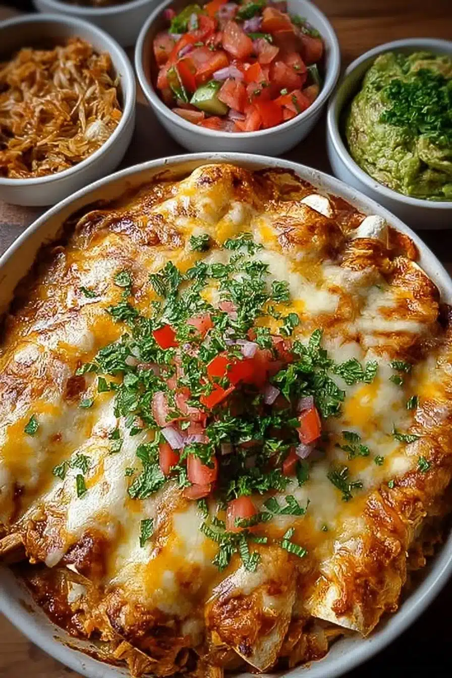 Delicious queso chicken enchiladas topped with creamy cheese and salsa.