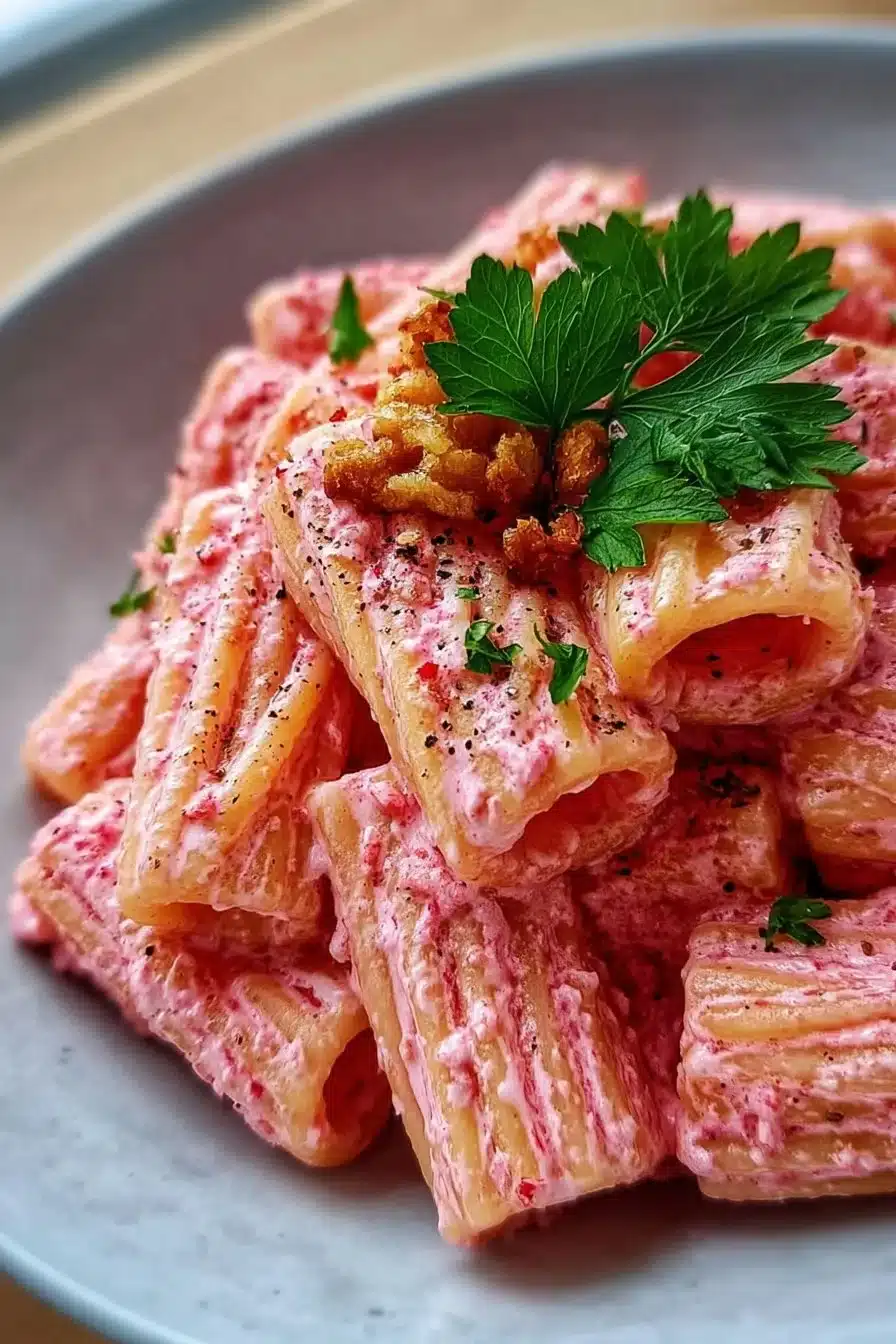 Plate of quick Valentine's Day pink pasta with decorative heart-shaped garnish.