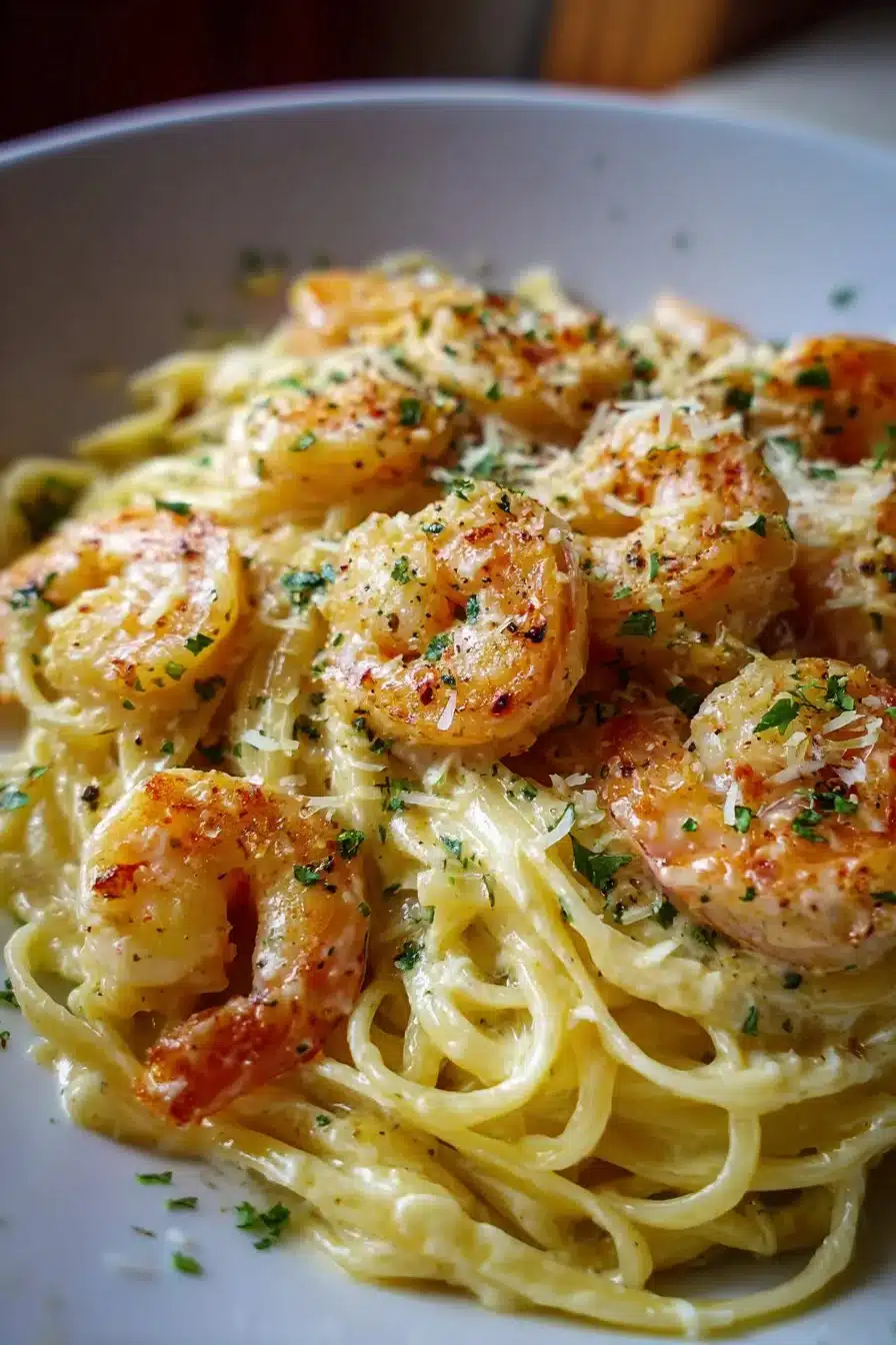 Delicious Shrimp Scampi Cream Pasta with garlic and fresh herbs